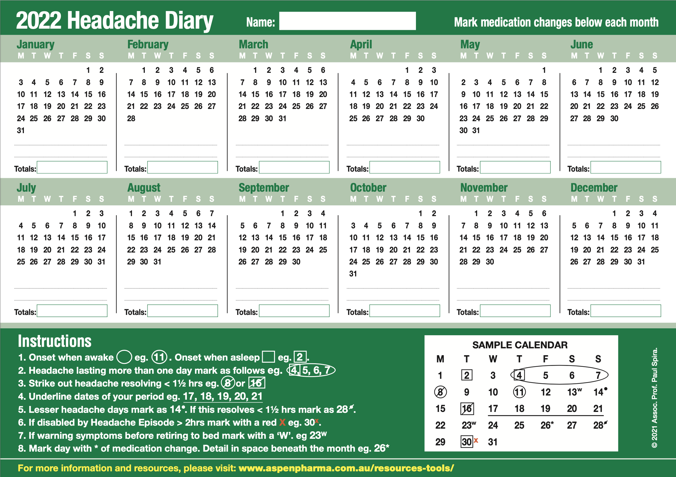 Screenshot of 2022 Headache Diary